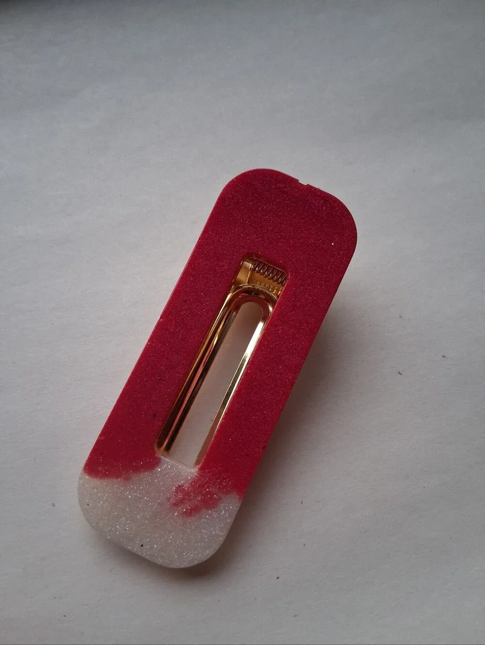 5/$25 Hand Crafted Glitter Resin Hair Clip in Pink and White with Gold Clasp